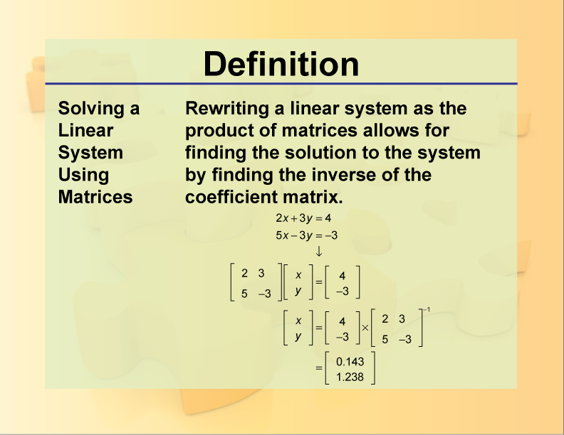 Solving a Linear System Using Matrices. Rewriting a linear system as the product of matrices allows for finding the solution to the system by finding the inverse of the coefficient matrix.