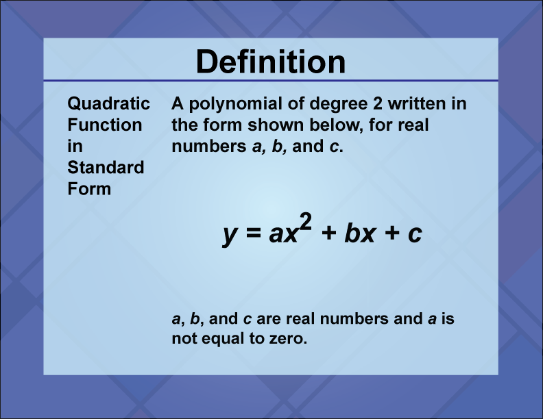 Quadratic Function in Standard Form. A polynomial of degree 2 written in the form shown below, for real numbers a, b, and c.