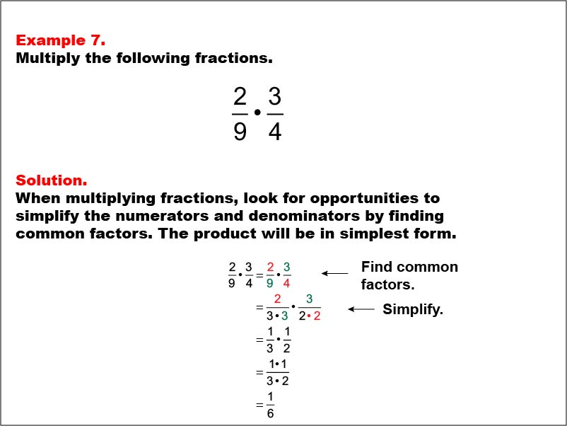 Multiplying Fractions: Example 7. Multiplying two fractions with different denominators. Both sets of numerators and denominators have 1 common factor. The product is a proper fraction that does not need to be simplified.