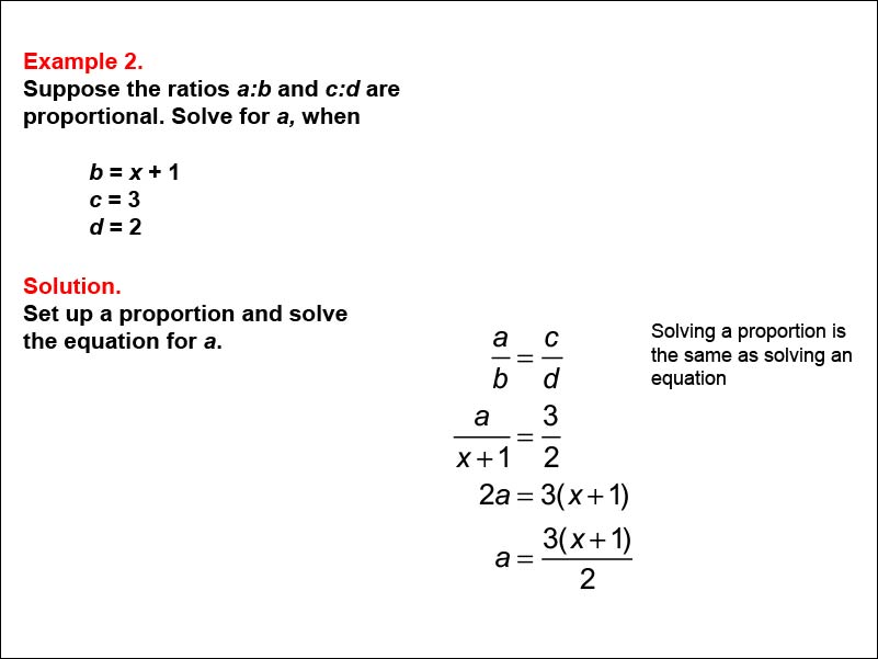 Solving Proportions: Example 2. Solving a proportion of the form A over B equals C over D for a. Other variables expressed as variables and numbers.