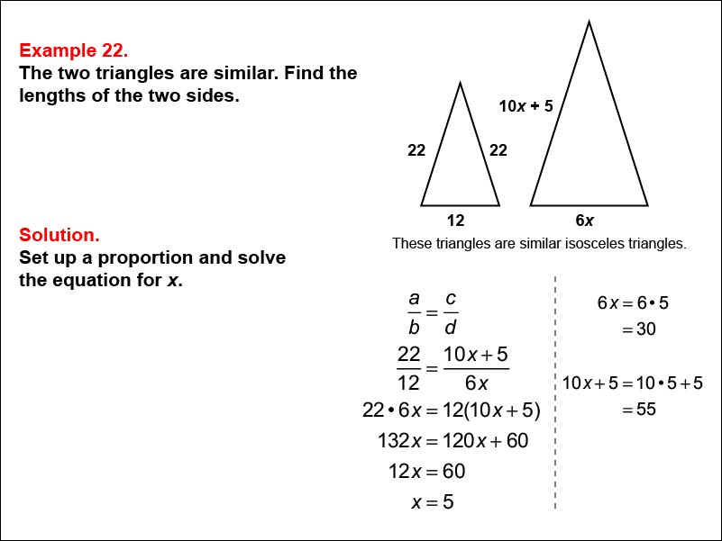 Solving Proportions: Example 22. Given two similar isosceles triangles, solving a proportion to find the length of an unknown side, when all side lengths are expressed as numbers and variables.