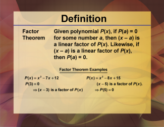 Video Definition 31--Polynomial Concepts--Factor Theorem (Spanish Audio)