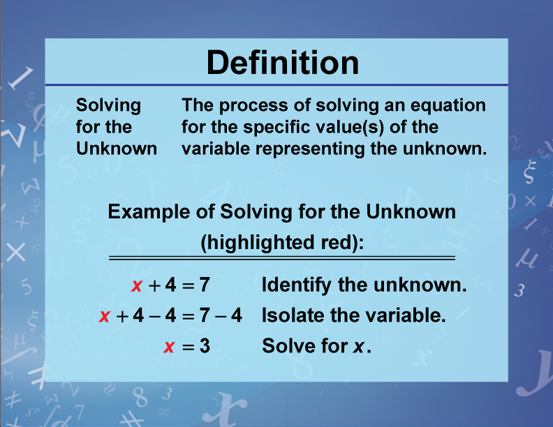 dividir suéter Fácil de suceder Definition--Variables, Unknowns, and Constants--Solving for the Unknown |  Media4Math