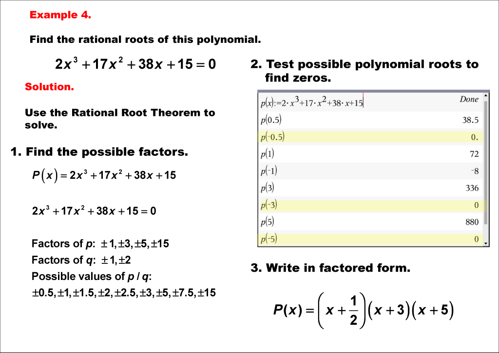 Math Example--Polynomial Concepts-- Rational Root Theorem: Example 4