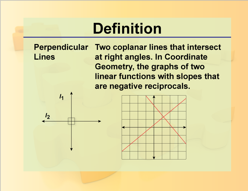 Perpendicular Lines Two coplanar lines that intersect at right angles. In Coordinate Geometry, the graphs of two linear functions with slopes that are negative reciprocals.