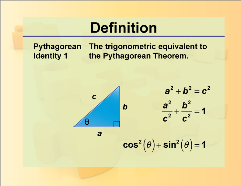 Pythagorean Identity 1. The trigonometric equivalent to the Pythagorean Theorem