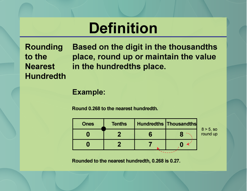 Rounding to the Nearest Hundredth. Based on the digit in the thousandths place, round up or maintain the value in the hundredths place.