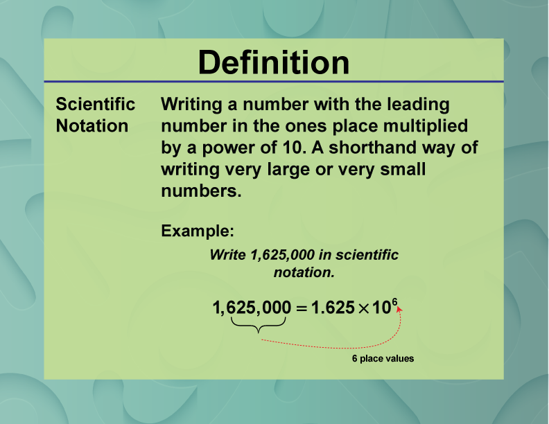 Scientific Notation. Writing a number with the leading number in the ones place multiplied by a power of 10. A shorthand way of writing very large or very small numbers.