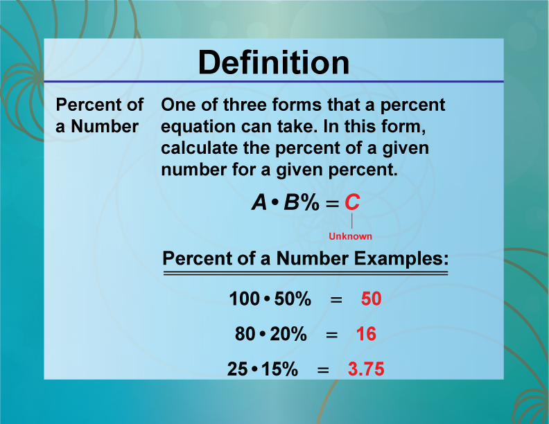 Percent of a Number. One of three forms that a percent equation can take. In this form, calculate the percent of a given number for a given percent.