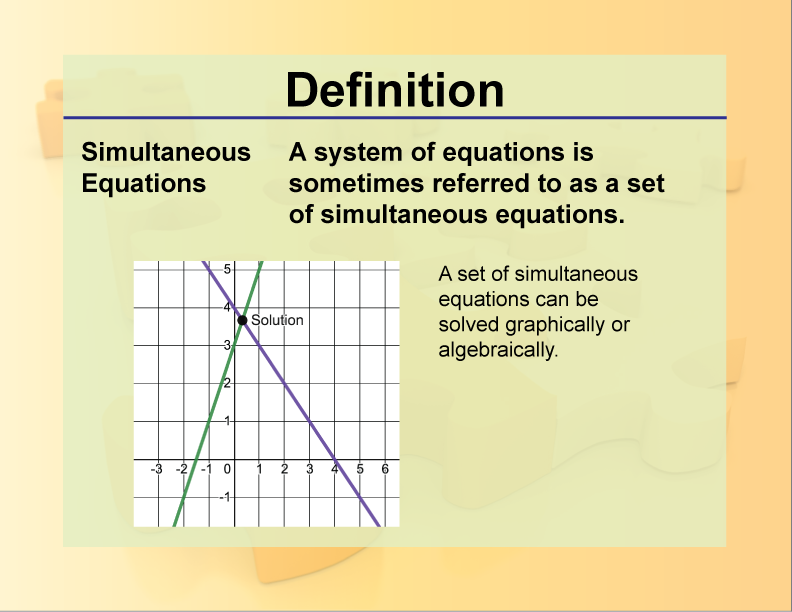 Simultaneous Equations. A system of equations is sometimes referred to as a set of simultaneous equations.
