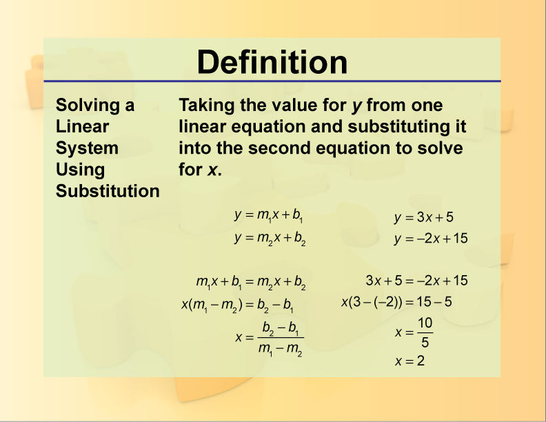 Solving a Linear System Using Substitution Taking the value for y from one linear equation and substituting it into the second equation to solve for x.