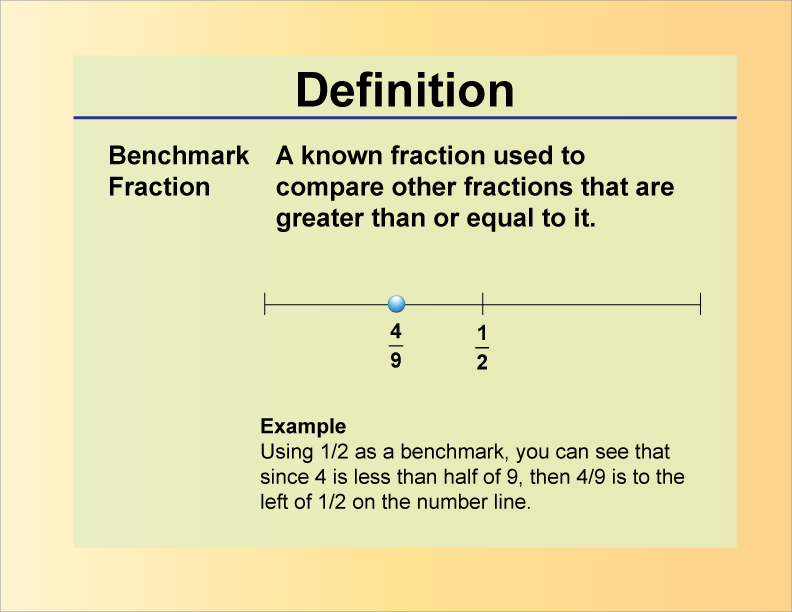 Benchmark Fraction. A known fraction used to compare other fractions that are greater than or equal to it.