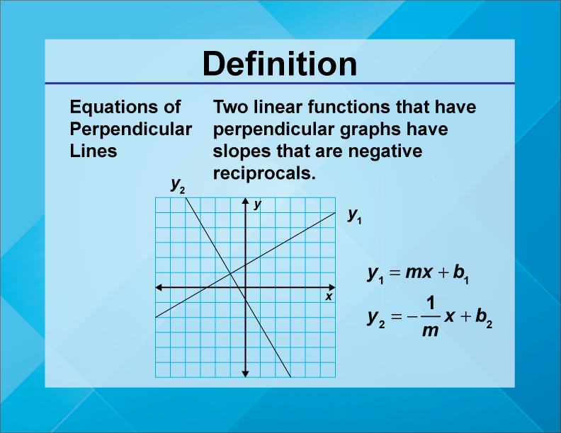 Equations of Perpendicular Lines. Two linear functions that have perpendicular graphs have slopes that are negative reciprocals.
