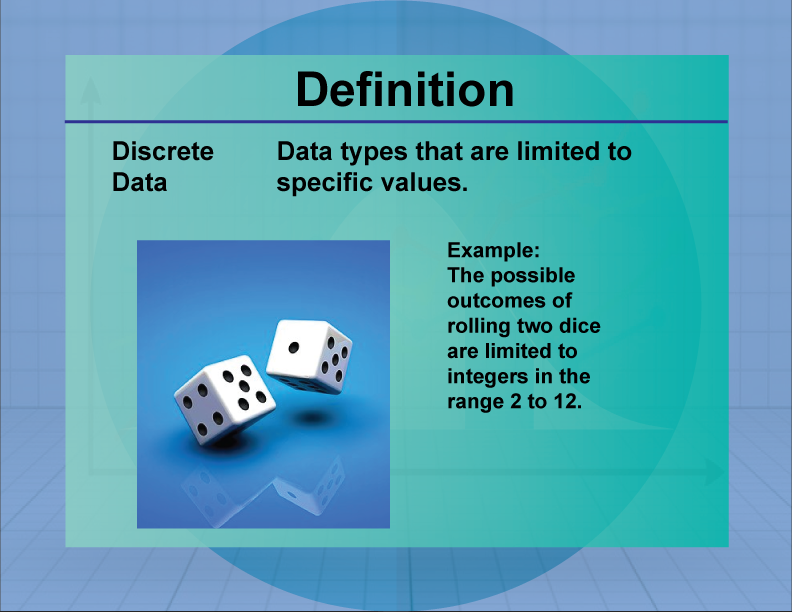 Discrete Data. Data types that are limited to specific values.