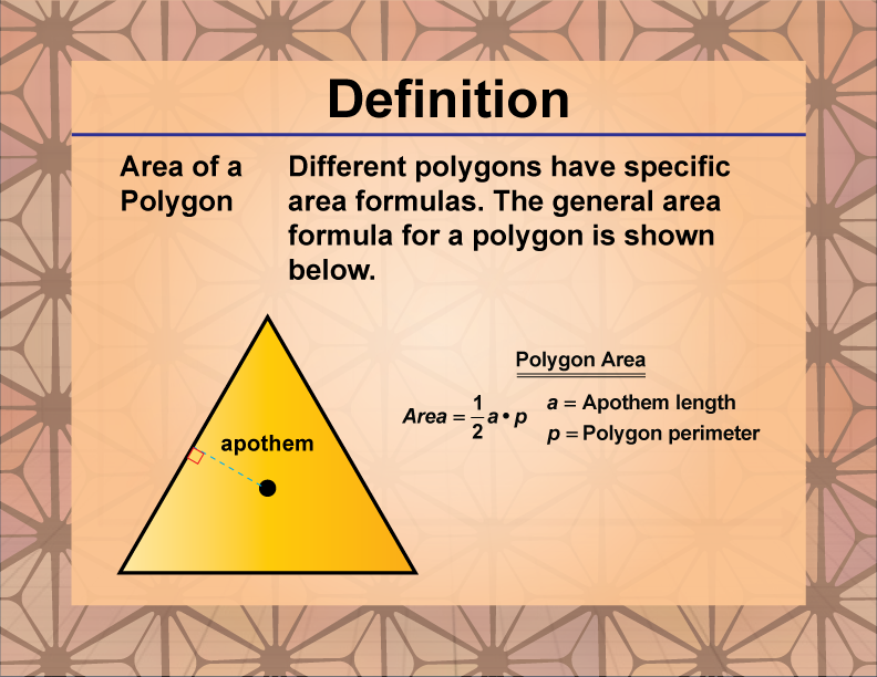 Area of a Polygon. Different polygons have specific area formulas. The general area formula for a polygon is shown below.