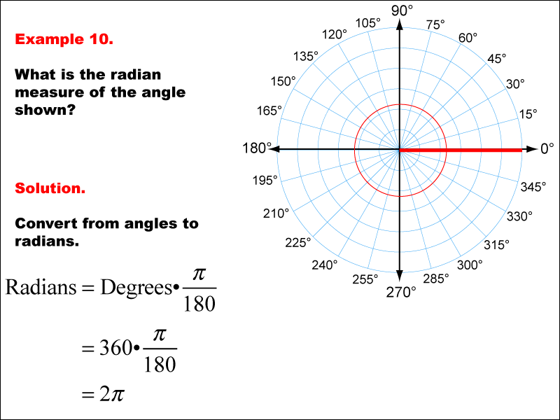 In this math example convert from degree measures to radians.