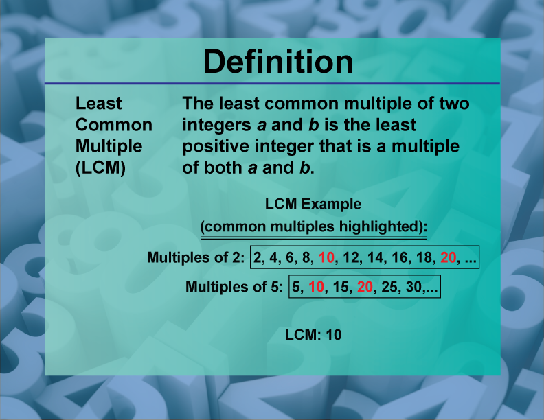 Video Definition 21--Primes and Composites--Least Common Multiple (LCM)