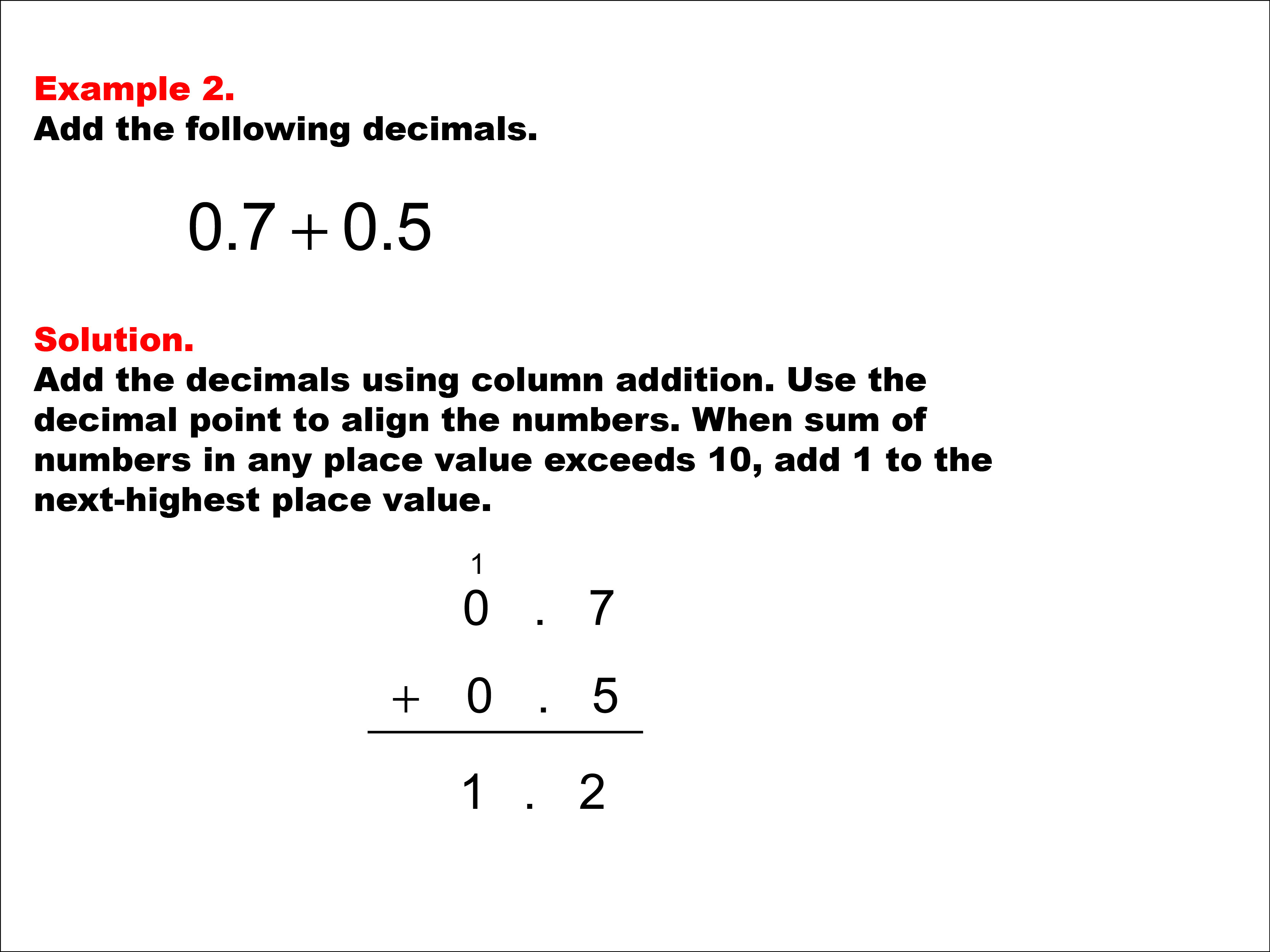 Adding Decimals: Example 2. Adding two decimals written to the tenths place, with the decimal sum exceeding 1. The numbers have zero in the ones place.To see the complete collection of Math Examples on this topic, click on this link: https://bit.ly/3g5Dke3