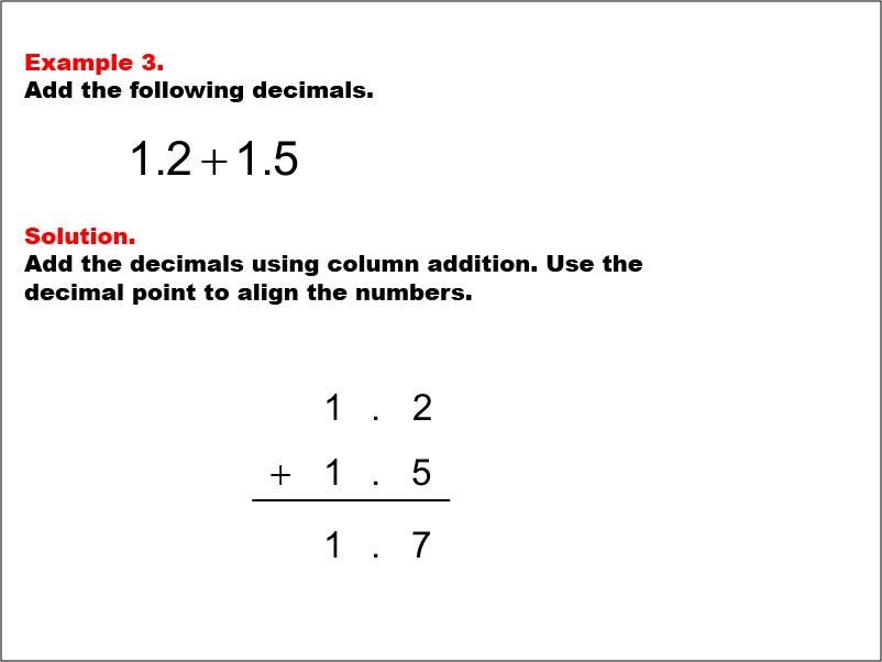 Adding Decimals: Example 3. Adding two decimals written to the tenths place, with the decimal sum not exceeding 1. The numbers have a non-zero number in the ones place.To see the complete collection of Math Examples on this topic, click on this link: https://bit.ly/3g5Dke3