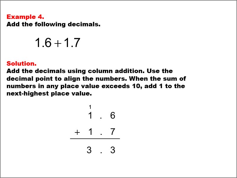 Adding Decimals: Example 4. Adding two decimals written to the tenths place, with the decimal sum exceeding 1. The numbers have a non-zero number in the ones place.To see the complete collection of Math Examples on this topic, click on this link: https://bit.ly/3g5Dke3