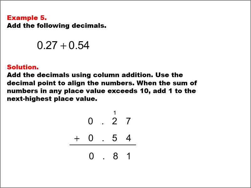 Adding Decimals: Example 5. Adding two decimals written to the hundredths place, with the decimal sum not exceeding 1. The numbers have zero in the ones place.To see the complete collection of Math Examples on this topic, click on this link: https://bit.ly/3g5Dke3