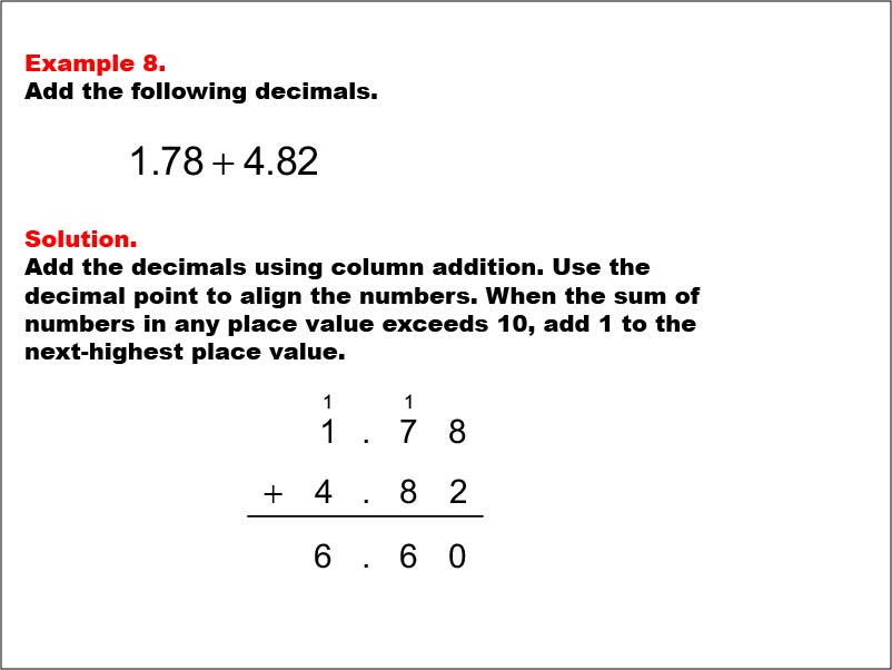 Adding Decimals: Example 8. Adding two decimals written to the hundredths place, with the decimal sum exceeding 1. The numbers have a non-zero number in the ones place.To see the complete collection of Math Examples on this topic, click on this link: https://bit.ly/3g5Dke3