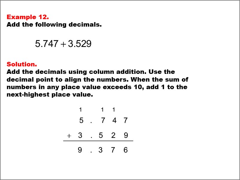Adding Decimals: Example 12. Adding two decimals written to the thousandths place, with the decimal sum exceeding 1. The numbers have a non-zero number in the ones place.To see the complete collection of Math Examples on this topic, click on this link: https://bit.ly/3g5Dke3