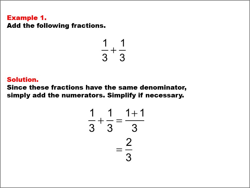 Adding Fractions: Example 1. In this example, two fractions with a common denominator are added. The sum is already in simplified form.