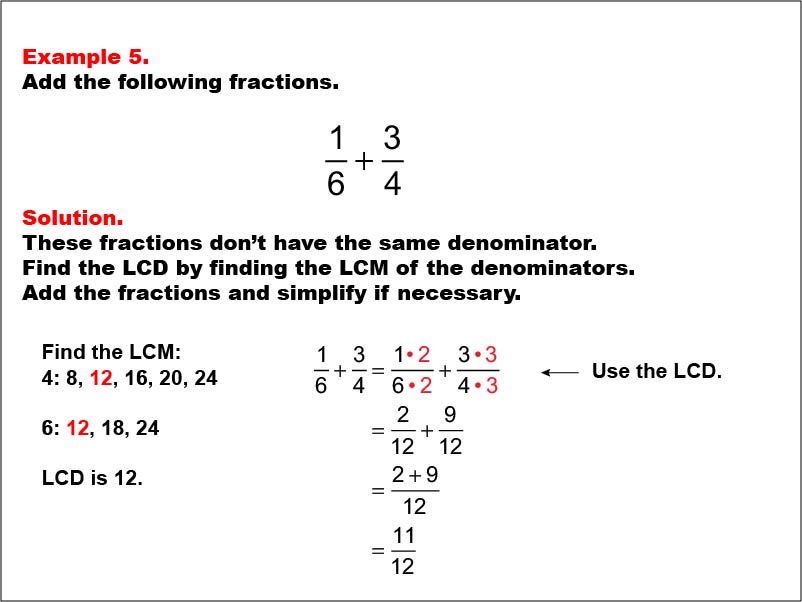 Adding Fractions: Example 5. In this example, two fractions with different denominators are added. LCD is not one of the denominators. The sum does not need to be simplified.