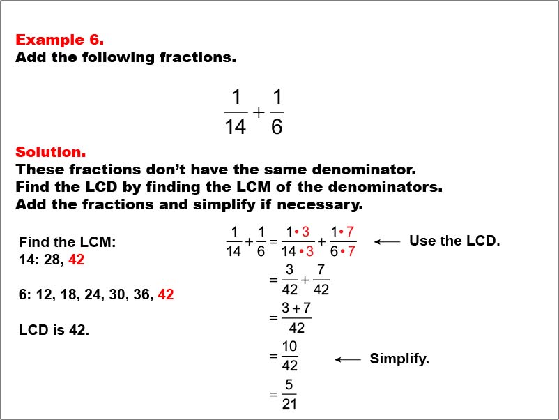 Adding Fractions: Example 6. In this example, two fractions with different denominators are added. LCD is not one of the denominators. The sum needs to be simplified.