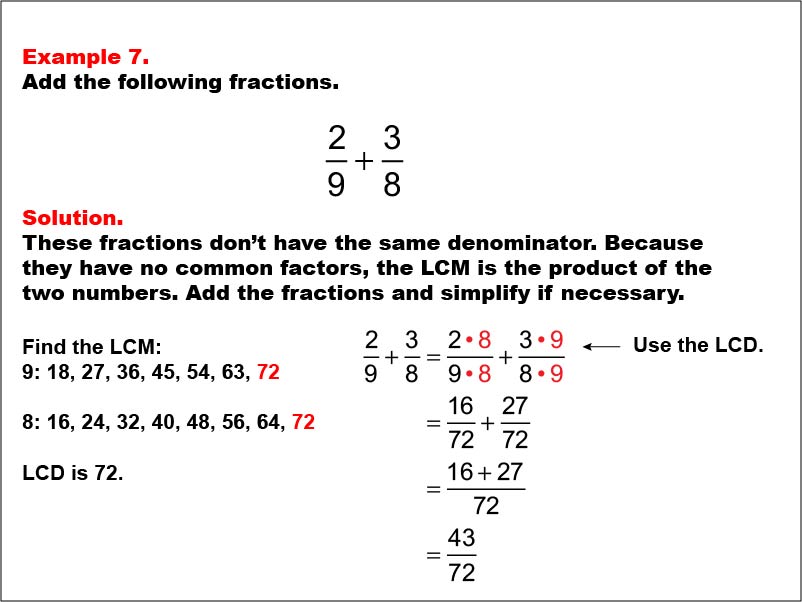 Adding Fractions: Example 7. In this example, two fractions with different denominators are added. The denominators are relatively prime. The sum does not need to be simplified.