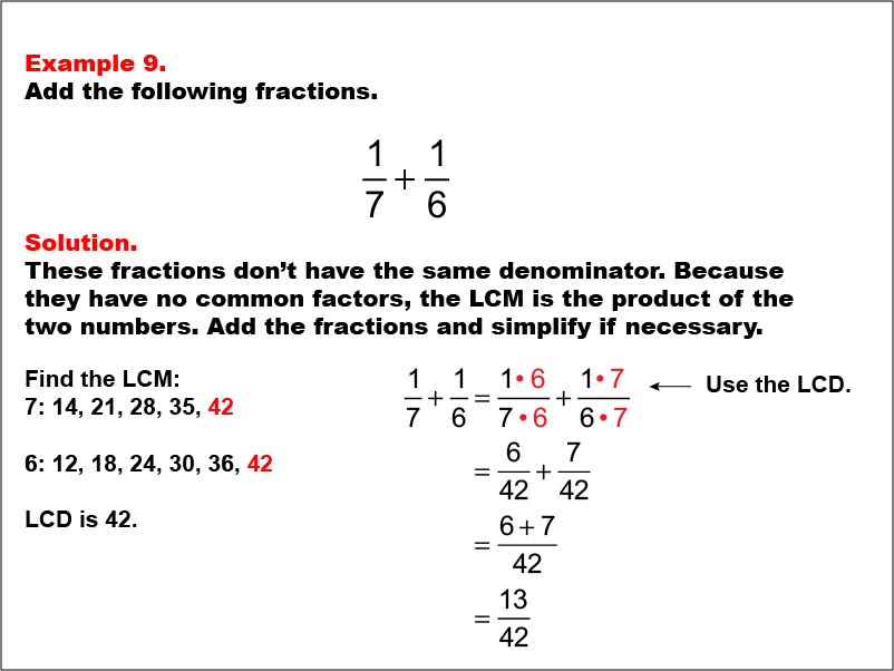 Adding Fractions: Example 9. In this example, two fractions with different denominators are added. One of the denominators is a prime number. The sum does not need to be simplified.