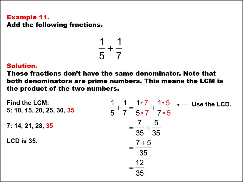 Adding Fractions: Example 11. In this example, two fractions with different denominators are added. Both denominators are prime numbers. The sum does not need to be simplified.