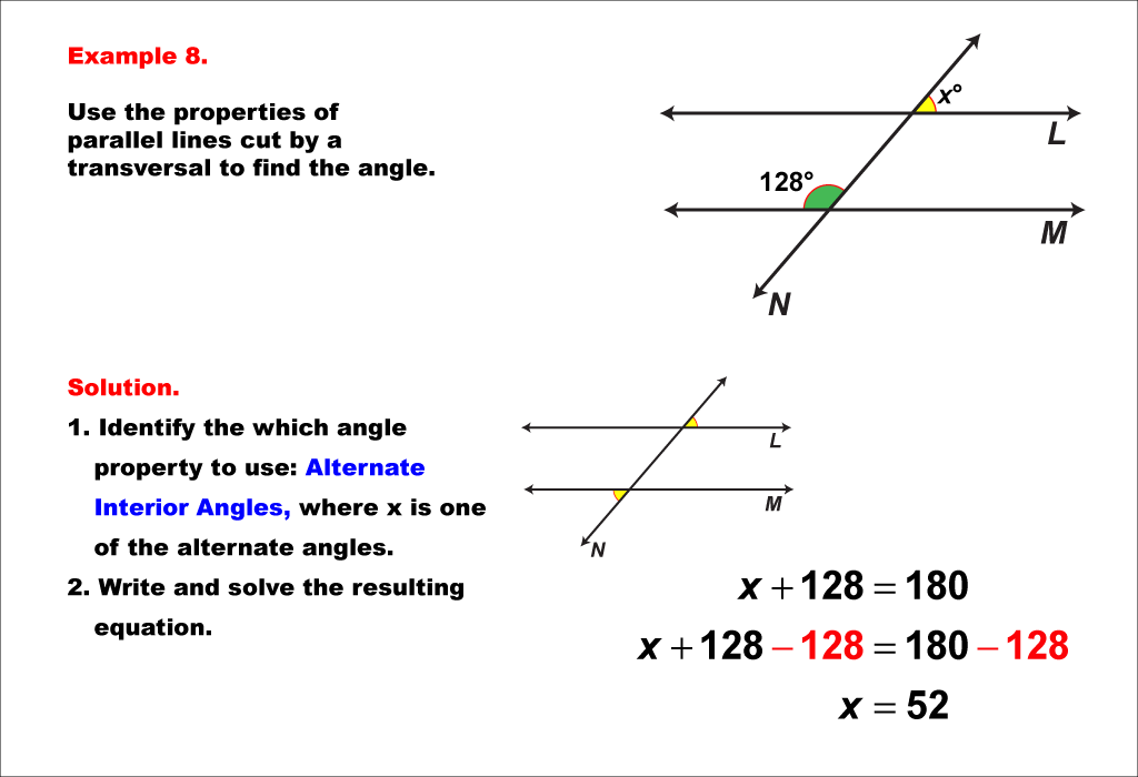 Math Example--Solving Equations--Equations with Angles from Parallel Lines Cut by a Transversal--Example 8