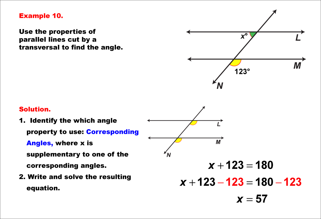 Math Example--Solving Equations--Equations with Angles from Parallel Lines Cut by a Transversal--Example 10