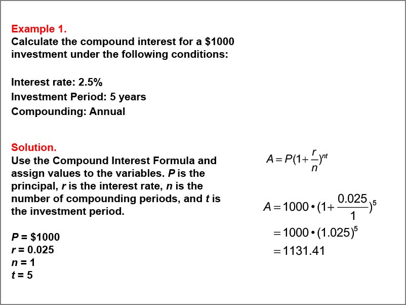 Compound Interest: Example 1. Calculate the compound interest based on yearly compounding for a five-year investment, based on an interest of 2.5%.