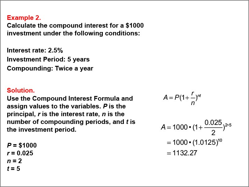 Compound Interest: Example 2. Calculate the compound interest based on twice-yearly compounding for a five-year investment, based on an interest of 2.5%.