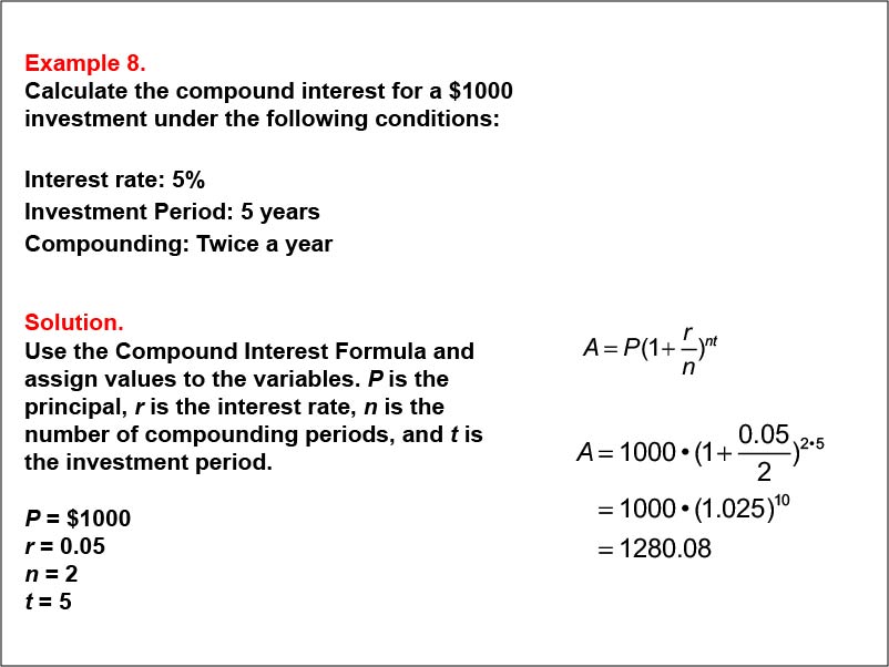 Compound Interest: Example 8. Calculate the compound interest based on twice-yearly compounding for a five-year investment, based on an interest of 5%.