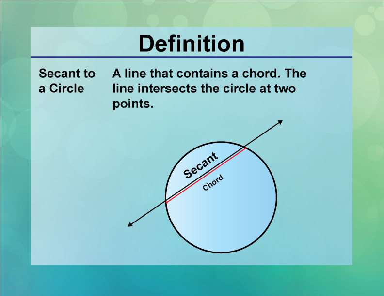Secant to a Circle. A line that contains a chord. The line intersects the circle at two points.