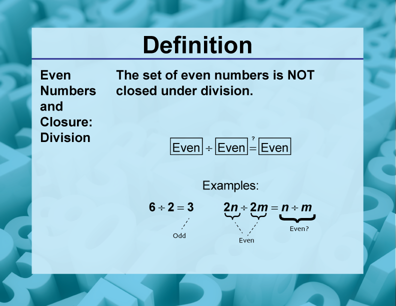 Definition--Closure Property Topics--Even Numbers and Closure: Division
