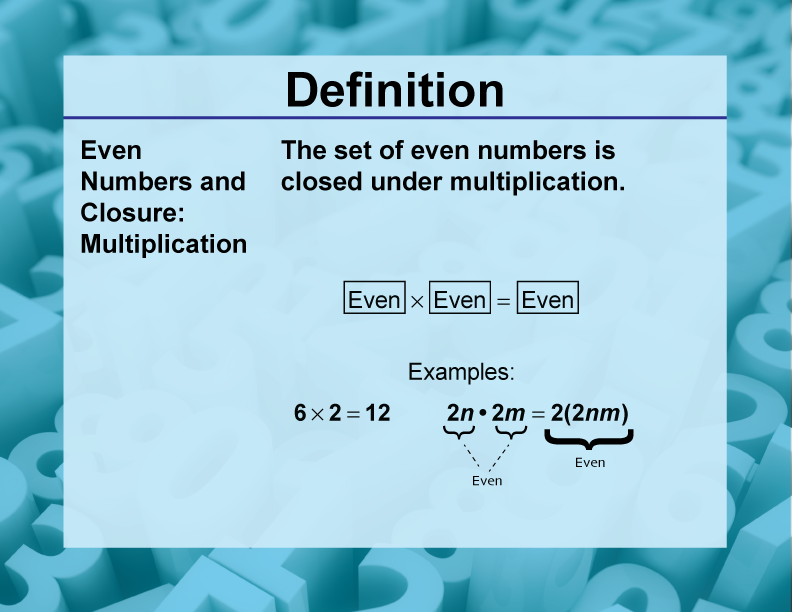 Even Numbers and Closure: Multiplication. The set of even numbers is closed under multiplication.
