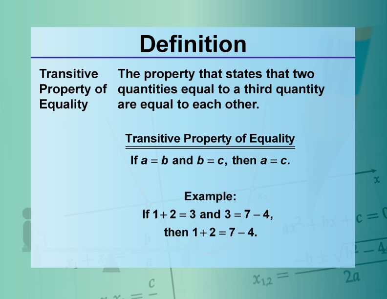 Transitive Property of Equality. The property that states that two quantities equal to a third quantity are equal to each other.