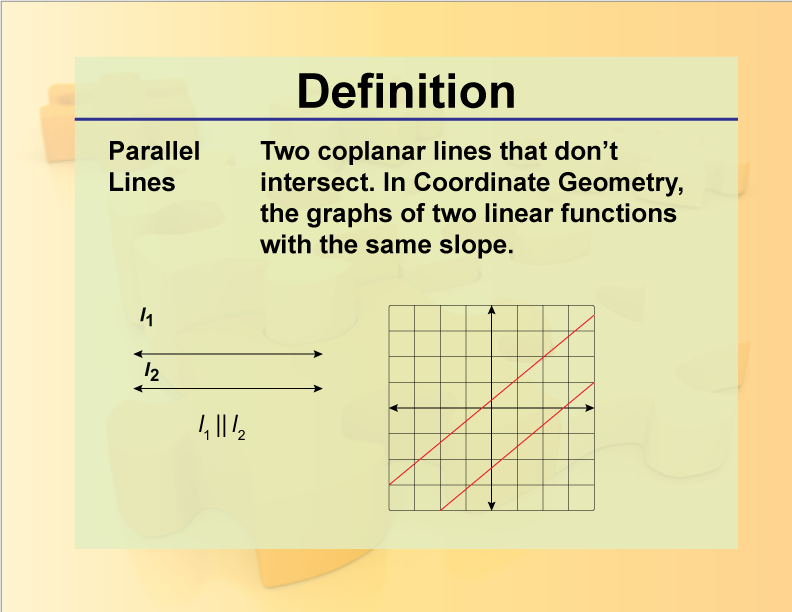Parallel Lines. Two coplanar lines that don’t intersect. In Coordinate Geometry, the graphs of two linear functions with the same slope.