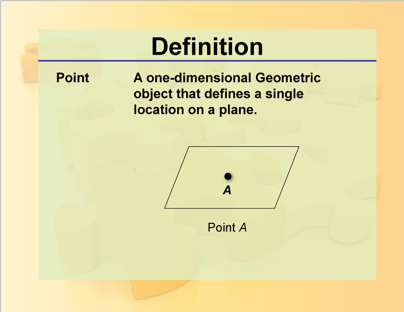 Point. A one-dimensional Geometric object that defines a single location on a plane.