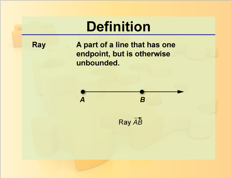 Ray. A part of a line that has one endpoint, but is otherwise unbounded.