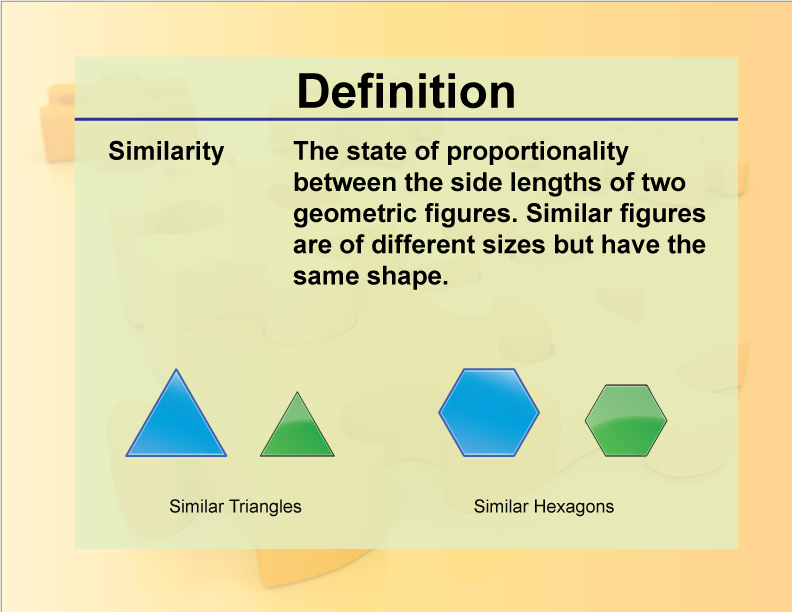 Similarity. The state of proportionality between the side lengths of two geometric figures. Similar figures are of different sizes but have the same shape.
