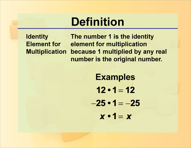 Identity Element for Multiplication. The number 1 is the identity element for multiplication because 1 multiplied by any real number is the original number.