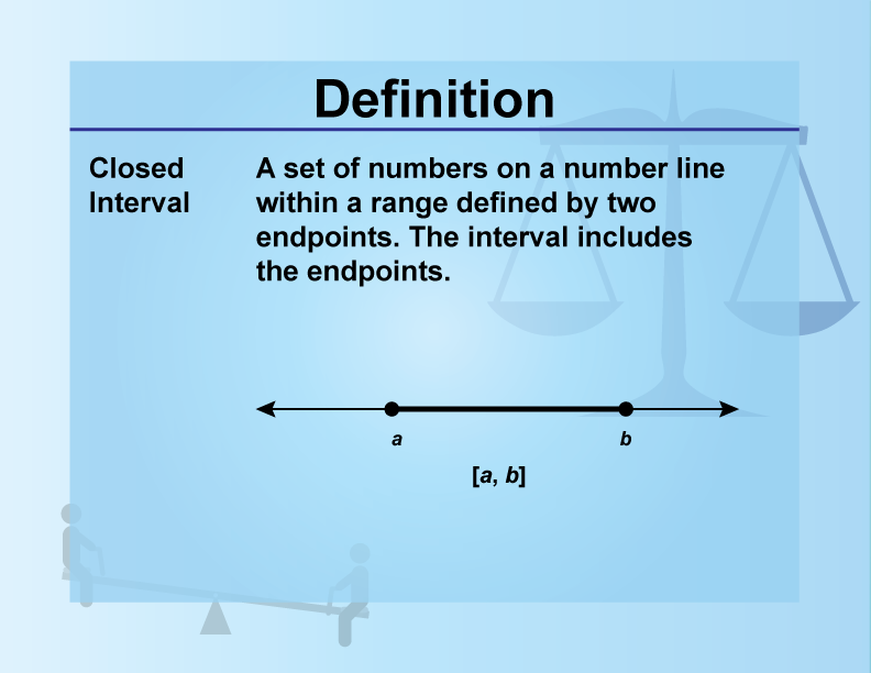 Closed Interval. A set of numbers on a number line within a range defined by two endpoints. The interval includes the endpoints.