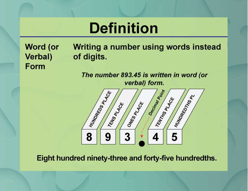 Word (or Verbal) Form. Writing a number using words instead of digits.