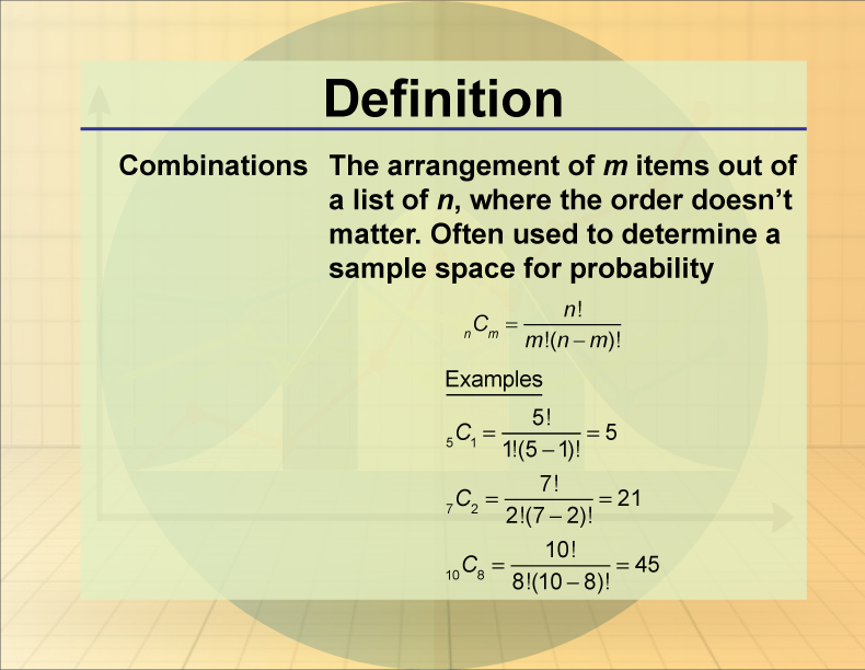 Combinations. The arrangement of m items out of a list of n, where the order doesn’t matter. Often used to determine a sample space for probability